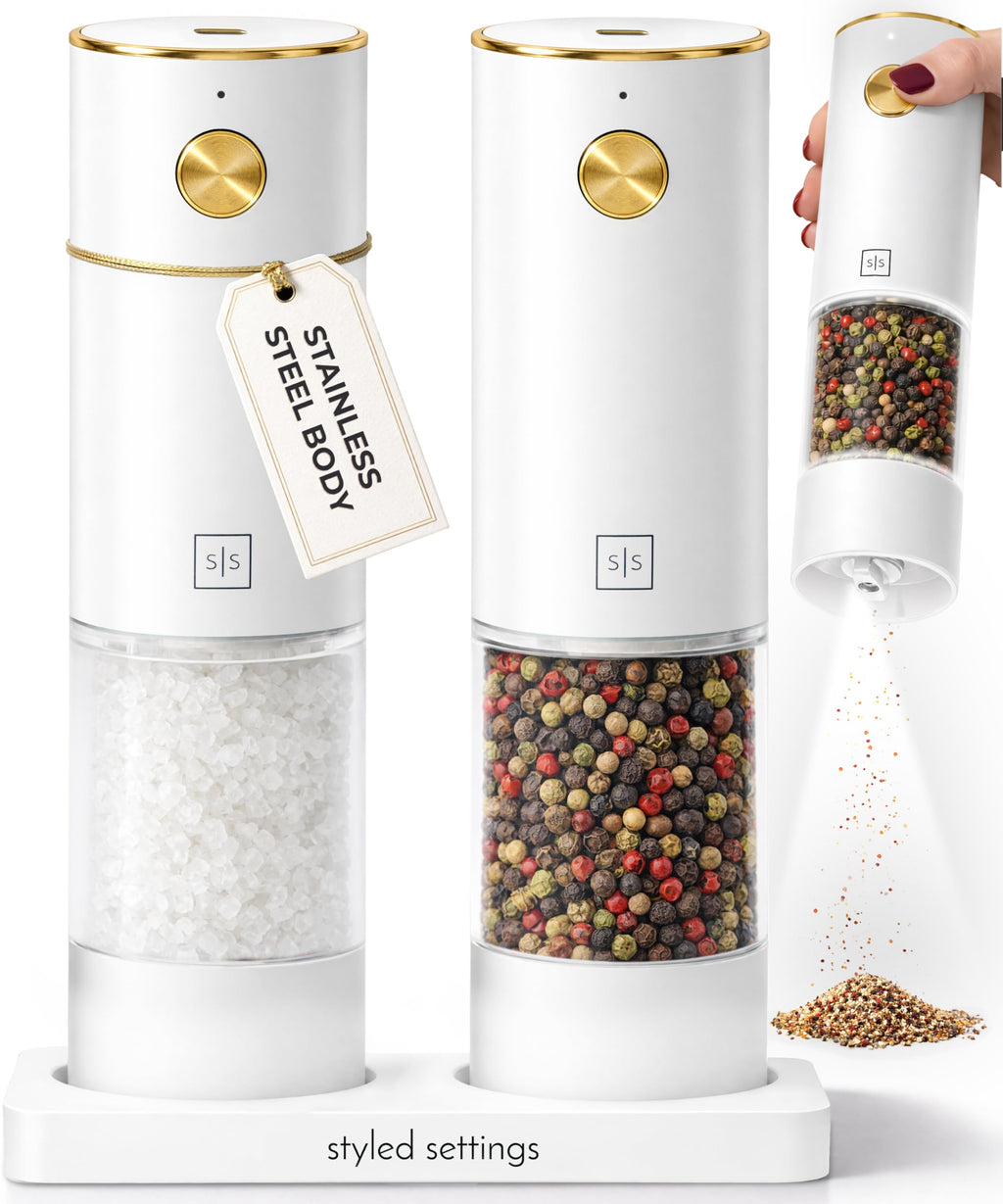 Styled Settings Rechargeable White Electric Salt and Pepper Grinder Set