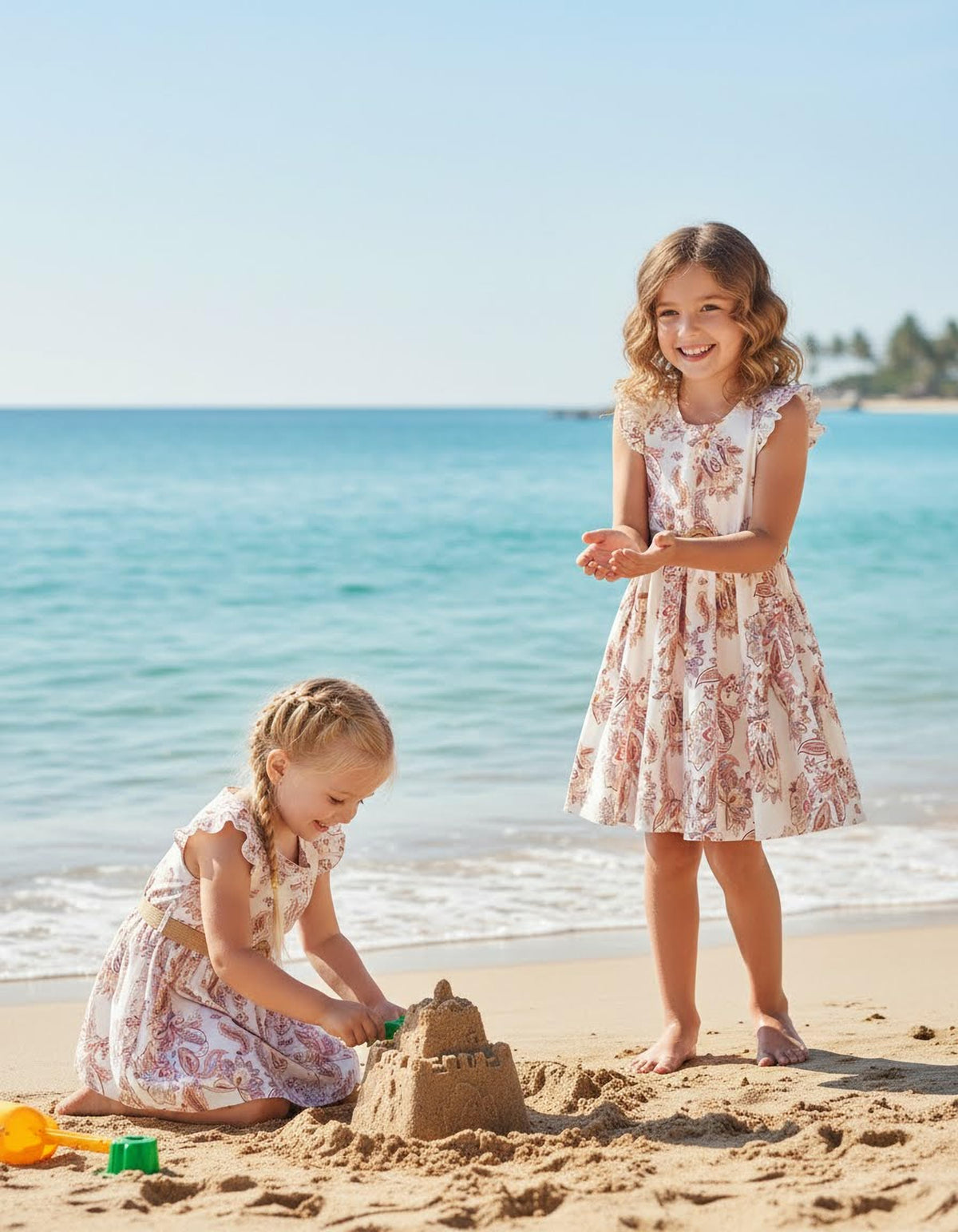 PATPAT Vestido bohemio floral con cinturón para niñas, manga con volantes, color albaricoque, 4-5 años
