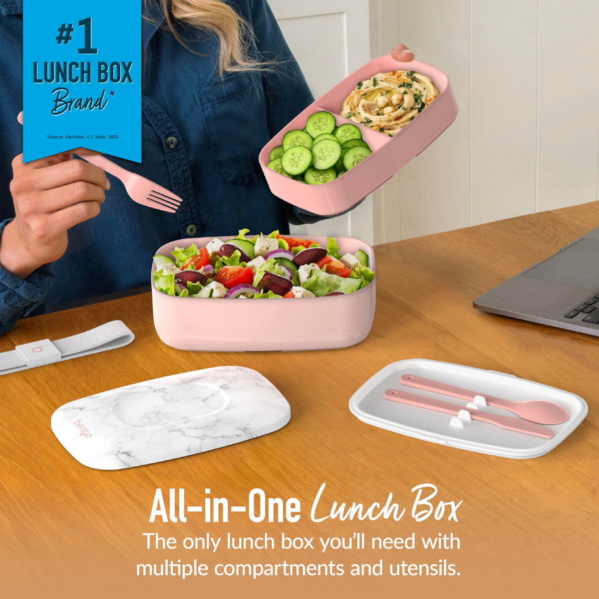 Lunch Goals Handy Bentgo Classic Stackable 3-Compartment Bento Lunch Box, Blush Marble