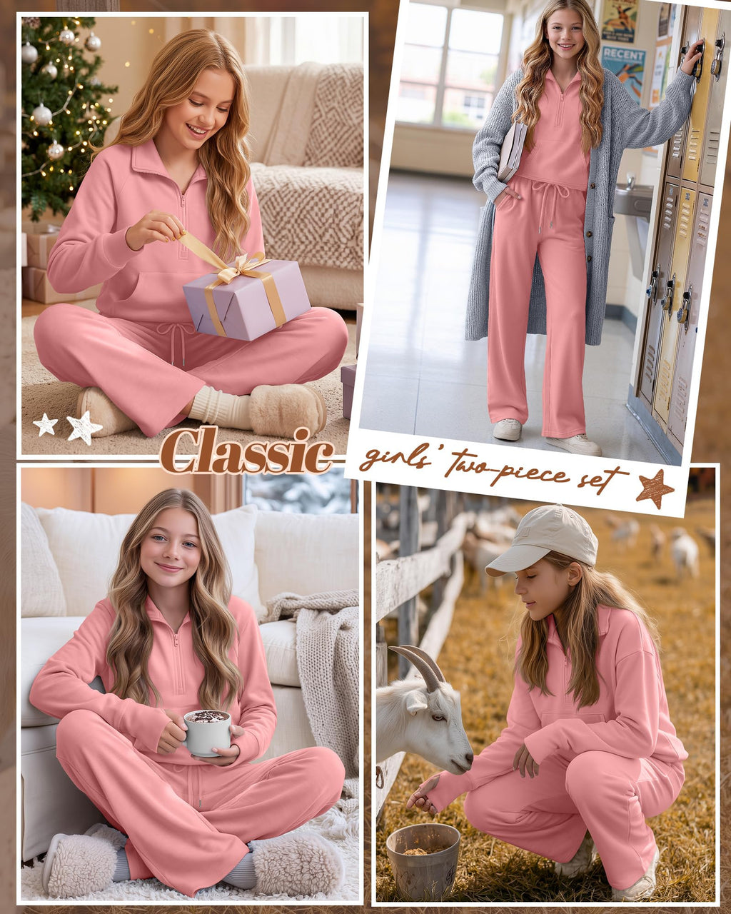 Joiceful Girls' 2 Piece Sweatsuit 5-14 Y, Coral Pink, 11-12 Years