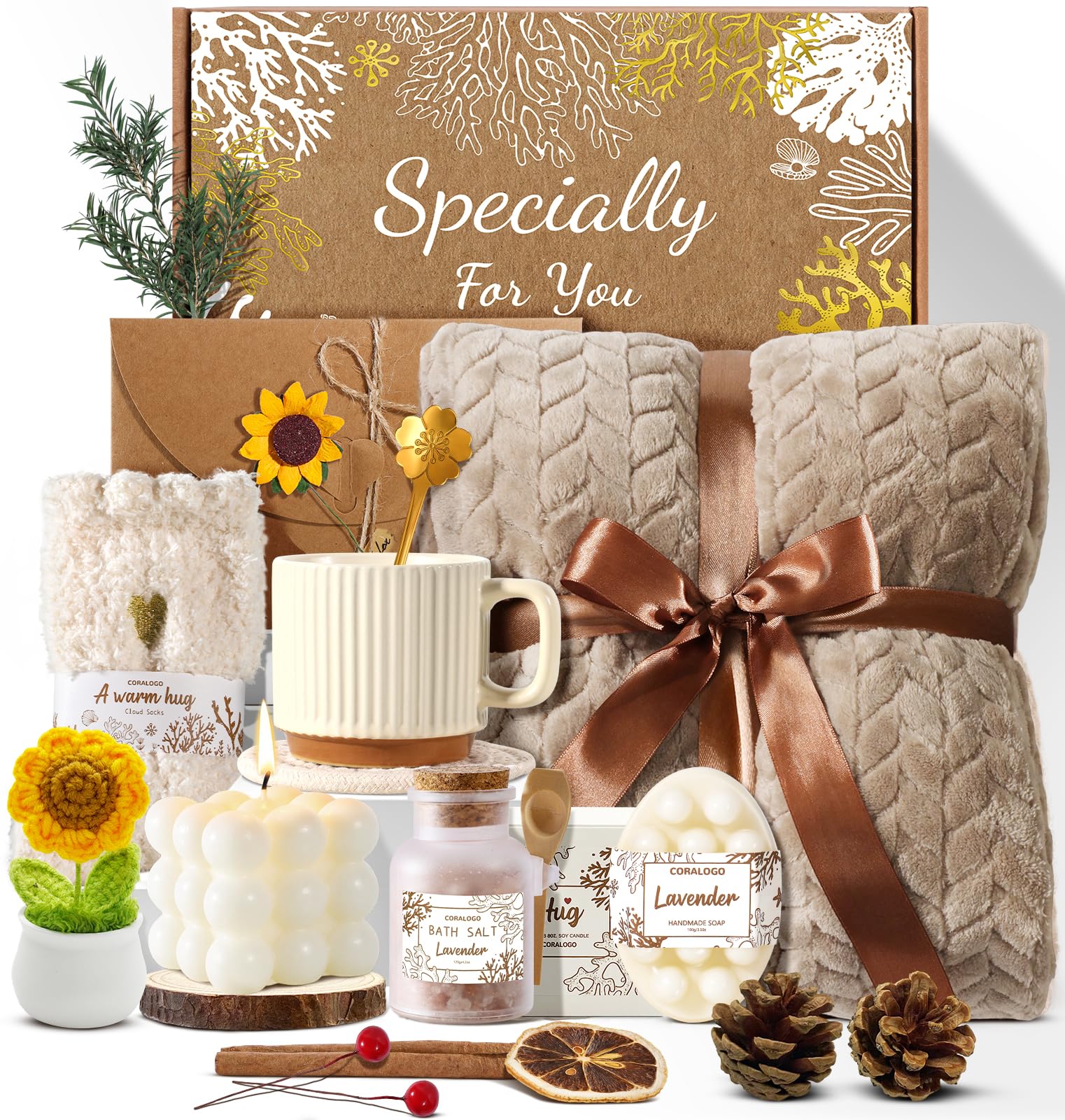 Coralogo 11pcs Spa Gift Baskets for Women, Sunflower Self Care Set, Brown