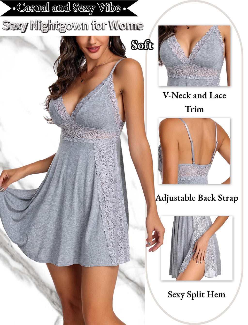 Sweet Dreams Flirty Babydoll Lingerie Slip with Slits, Grey