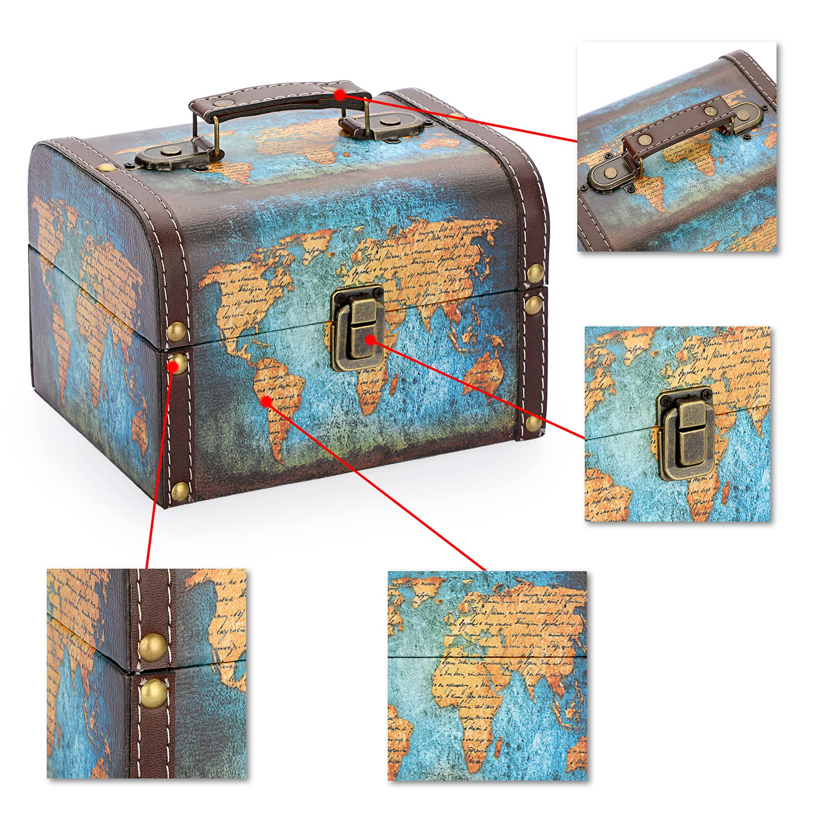 ELLDOO Decorative Treasure Chest Box, Wooden + PU Leather Storage Box for Jewelry Trinkets, Keepsakes box for Girls Women Gifts (Green Map Pattern)