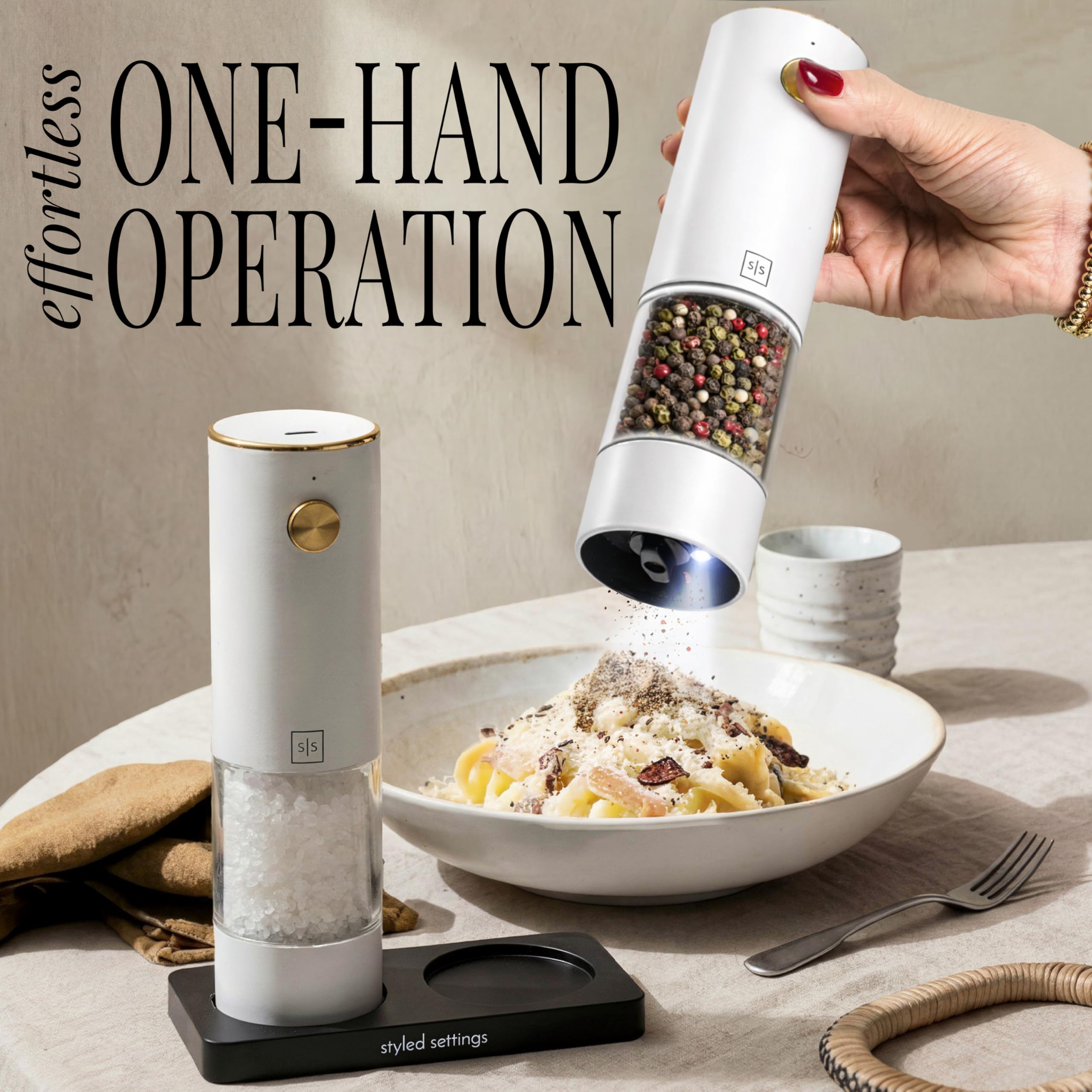 Styled Settings Rechargeable White Electric Salt and Pepper Grinder Set