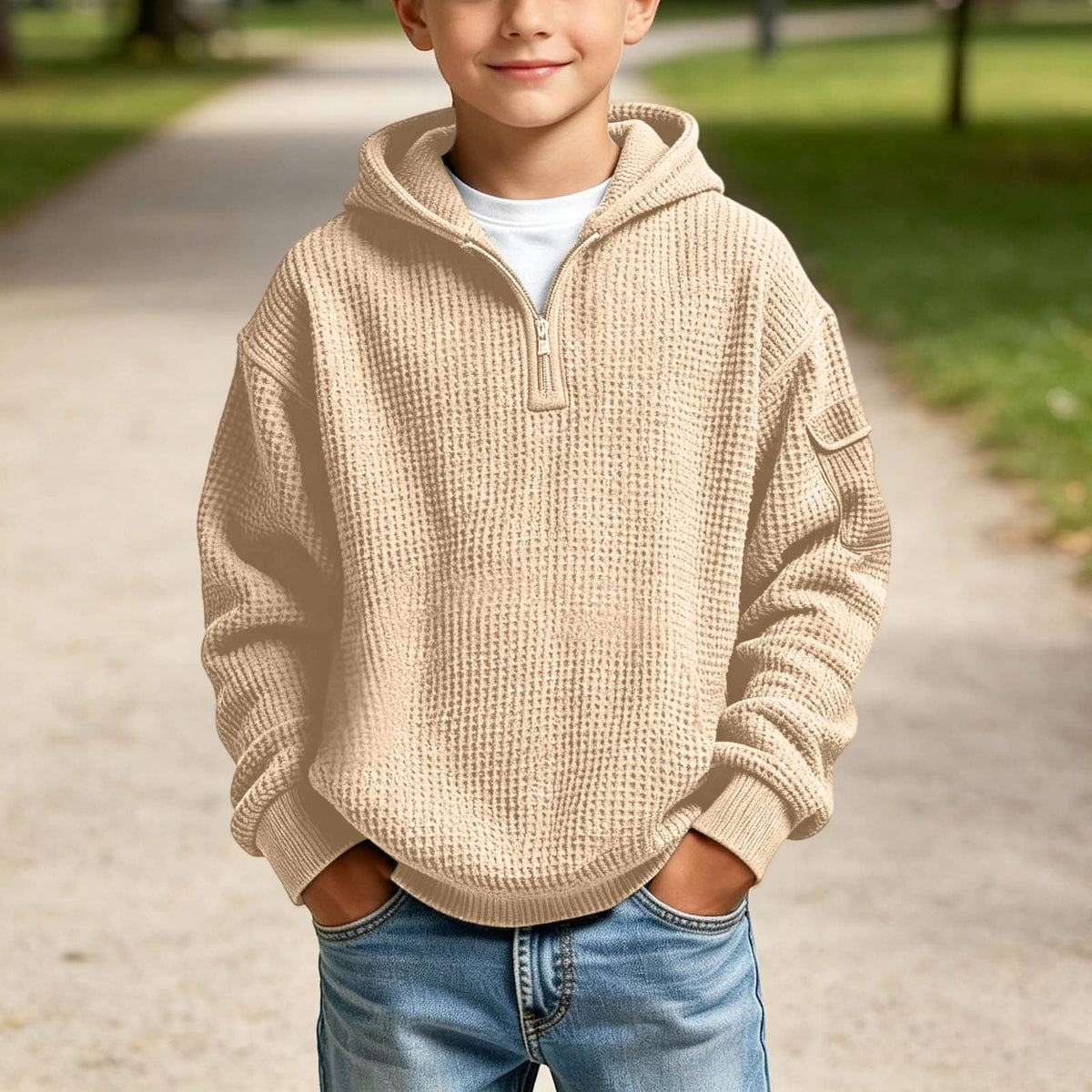Sudadera con capucha de punto gofrado con cremallera corta para niño