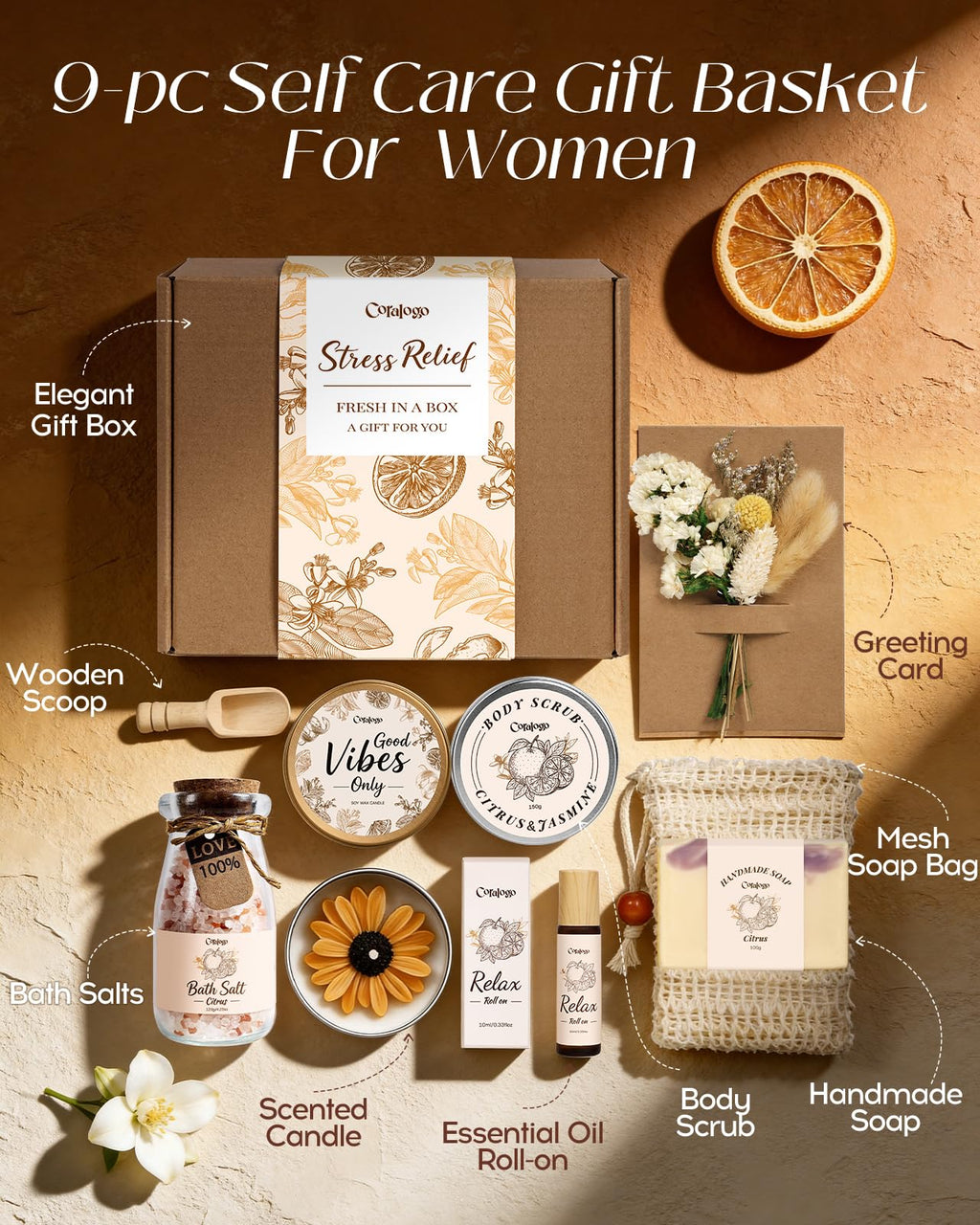 Coralogo Natural Spa Gift Basket for Women, Citrus Jasmine