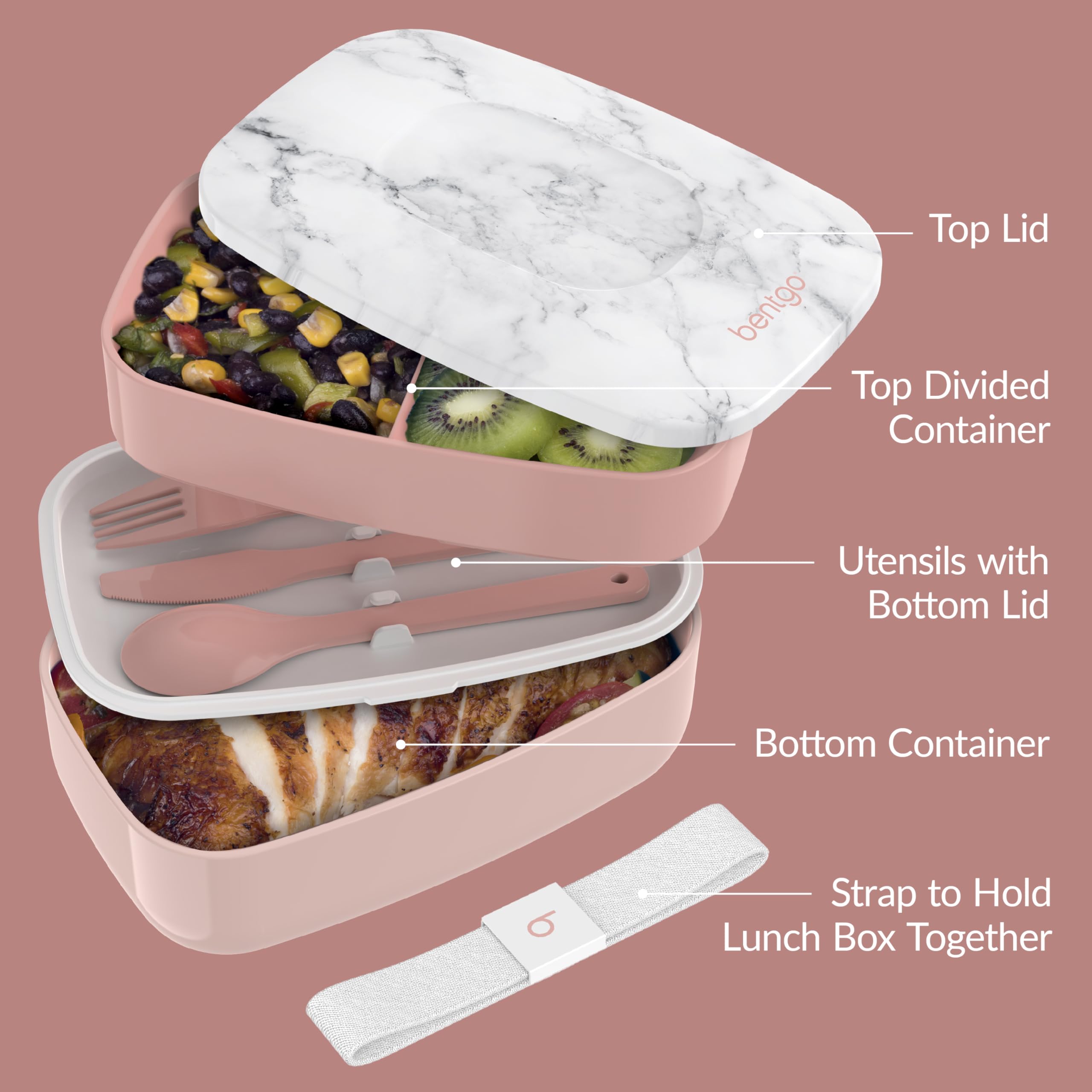 Lunch Goals Handy Bentgo Classic Stackable 3-Compartment Bento Lunch Box, Blush Marble