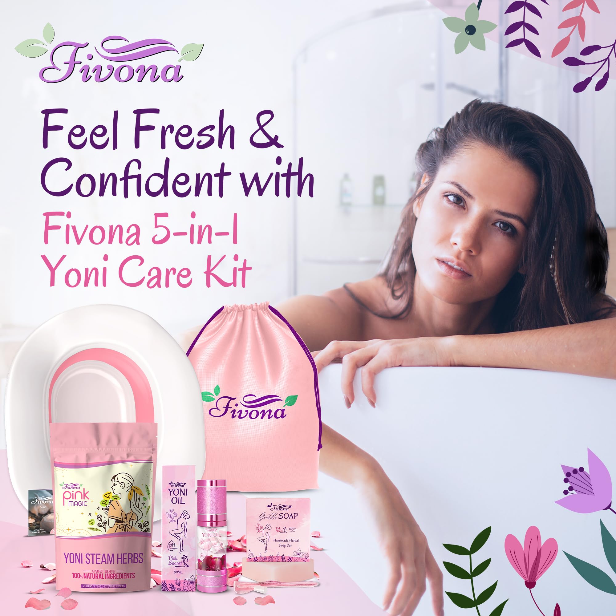 Fivona Yoni Care Kit 5-in-1 V-Steaming Set Includes Sitz Bath Seat, Pink Magic Herbs, Feminine Oil, Herbal Soap, Storage Bag, All Natural Herbal Vaginal Care Set