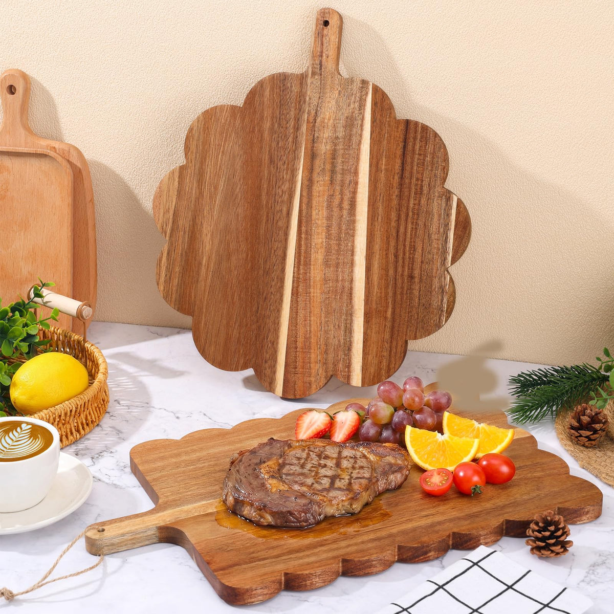 Acacia Wood Scalloped Cutting Boards Set, Decorative Wooden Charcuterie Boards with Handle for Cheese Pizza Meat Fruit Bread Baking, Cottagecore Farmhouse Kitchen Serving Trays Decor