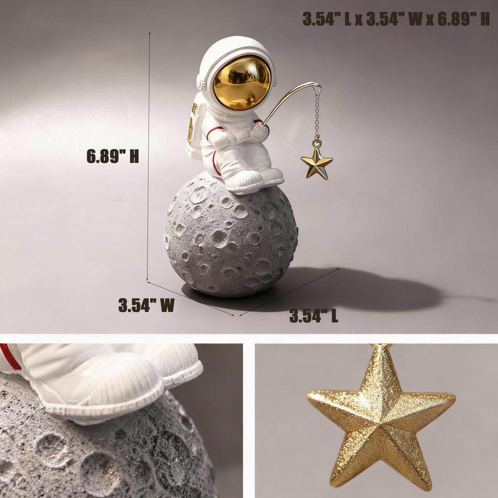 Room Decor- Astronaut Fishing Star on Moon Sculpture, Resin Space Figure for Modern Home/Office, Desk Decor for Men, Shelf Display, Unique Gift for Theme Enthusiasts and Collectors (Golden Star)