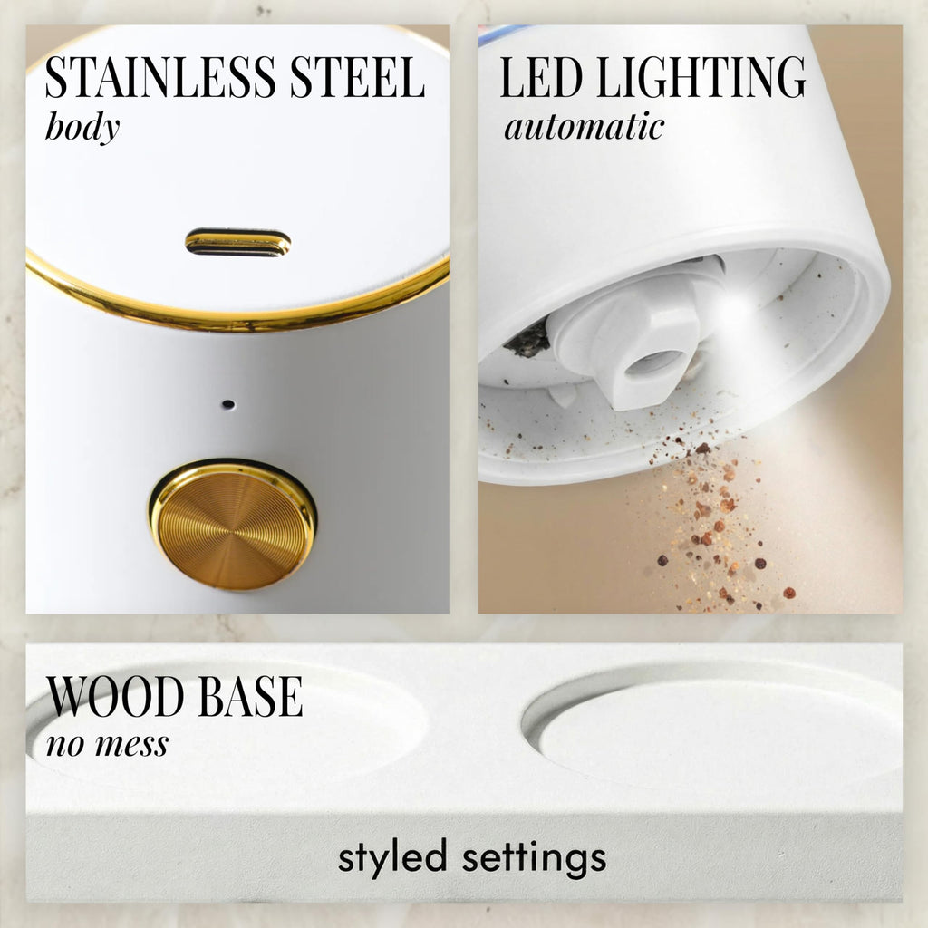 Styled Settings Rechargeable White Electric Salt and Pepper Grinder Set