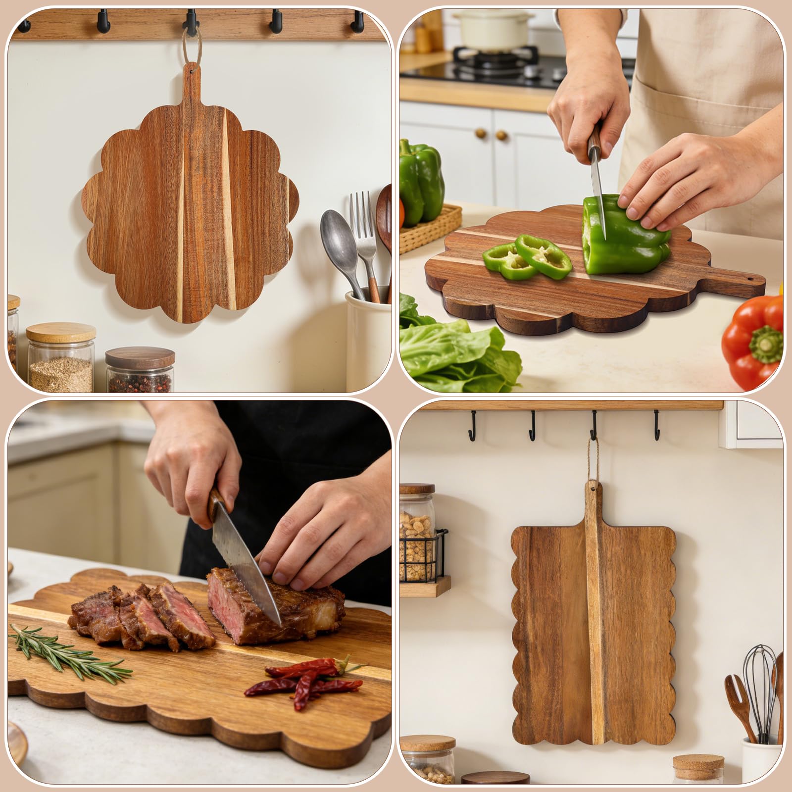 Acacia Wood Scalloped Cutting Boards Set, Decorative Wooden Charcuterie Boards with Handle for Cheese Pizza Meat Fruit Bread Baking, Cottagecore Farmhouse Kitchen Serving Trays Decor