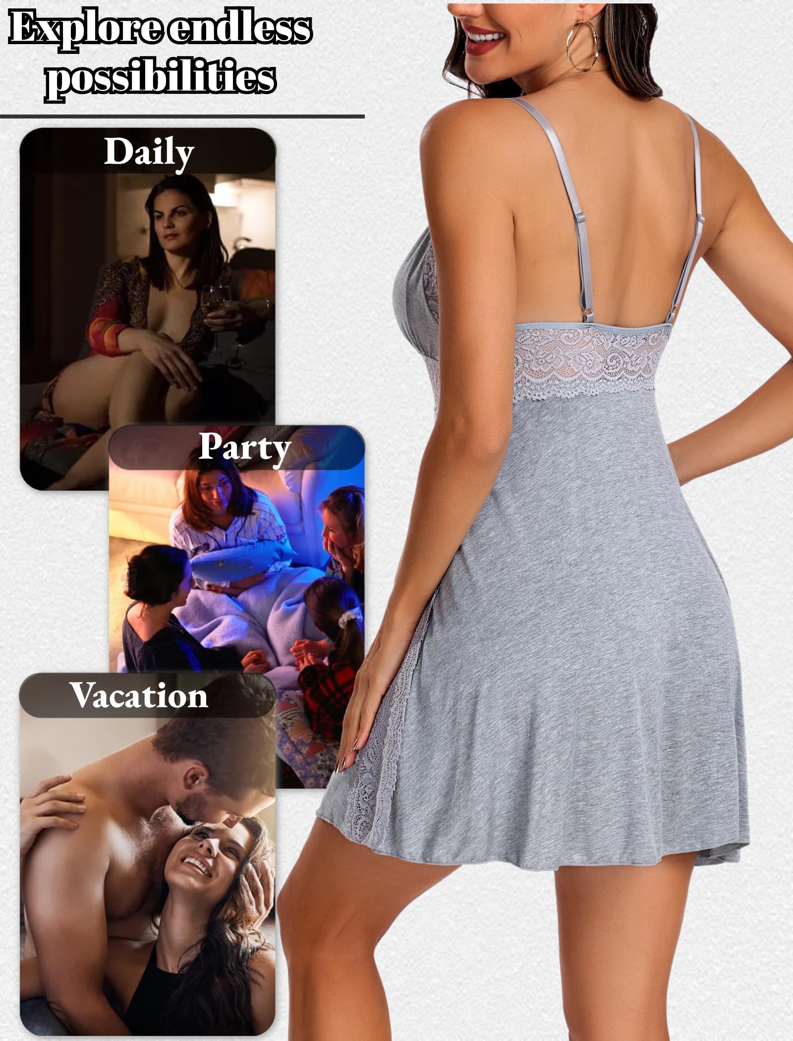 Sweet Dreams Flirty Babydoll Lingerie Slip with Slits, Grey