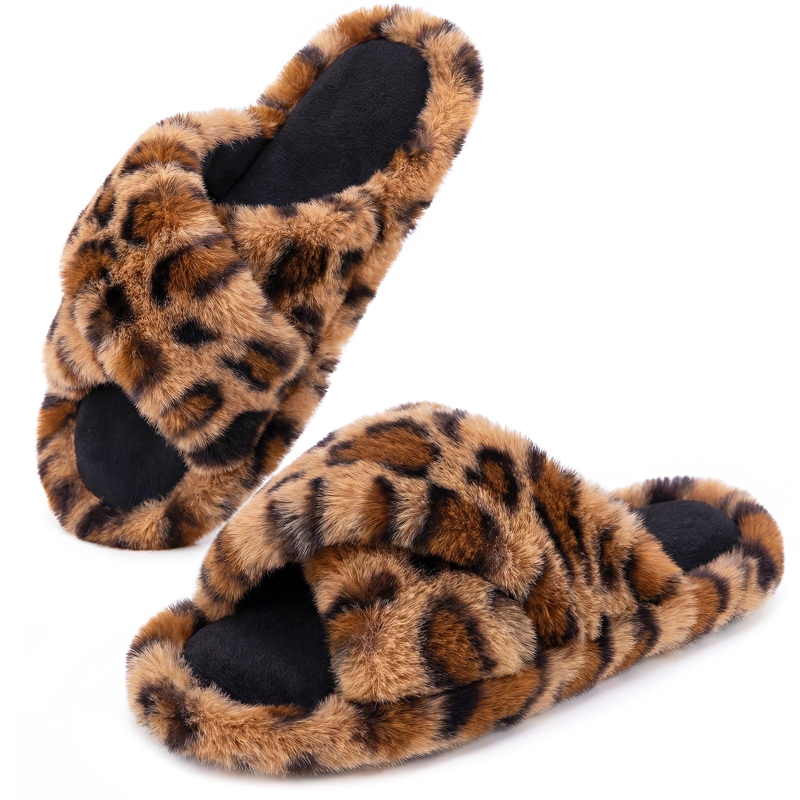 Snug Leaves Women's Fluffy Open Toe Slippers Cross Band Cheetah,5-6 US