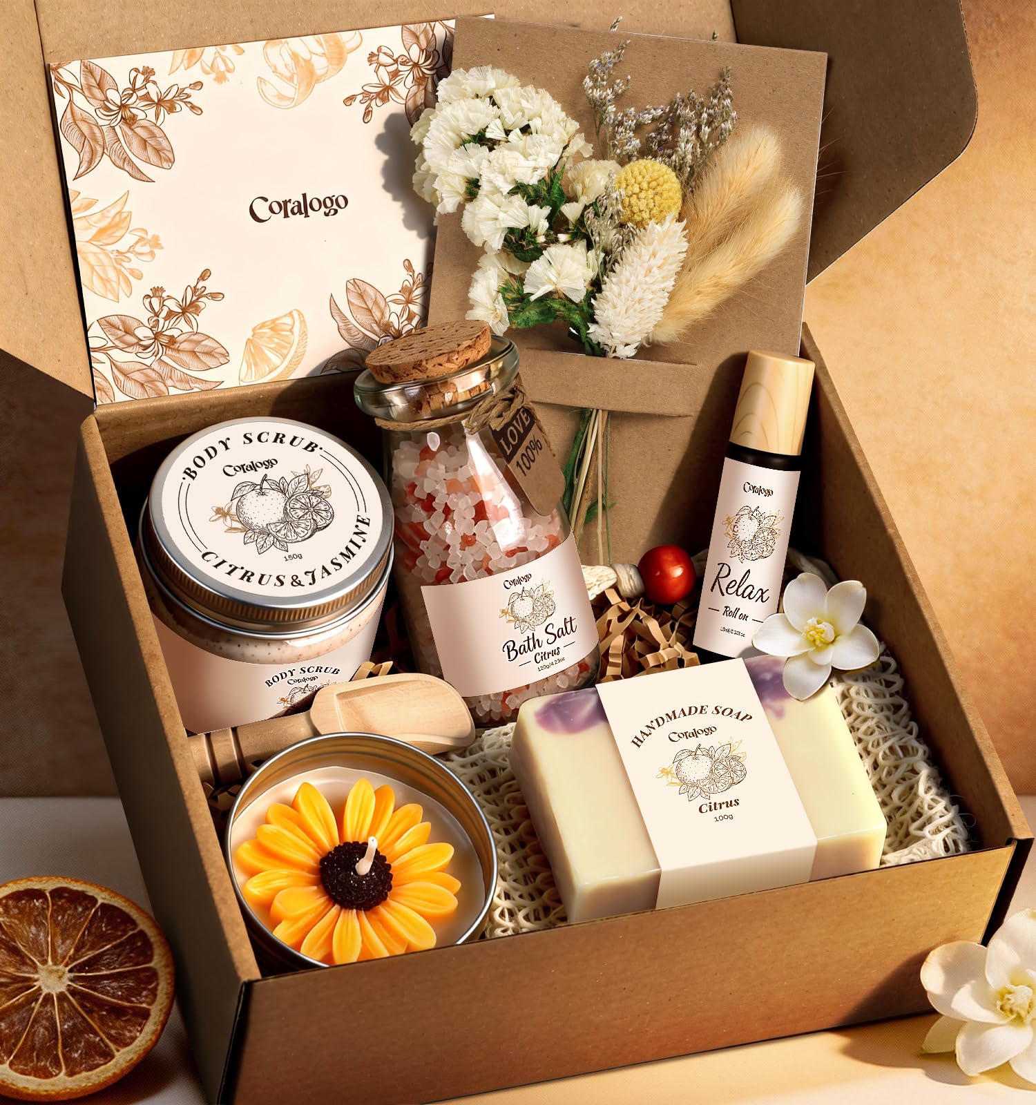 Coralogo Natural Spa Gift Basket for Women, Citrus Jasmine