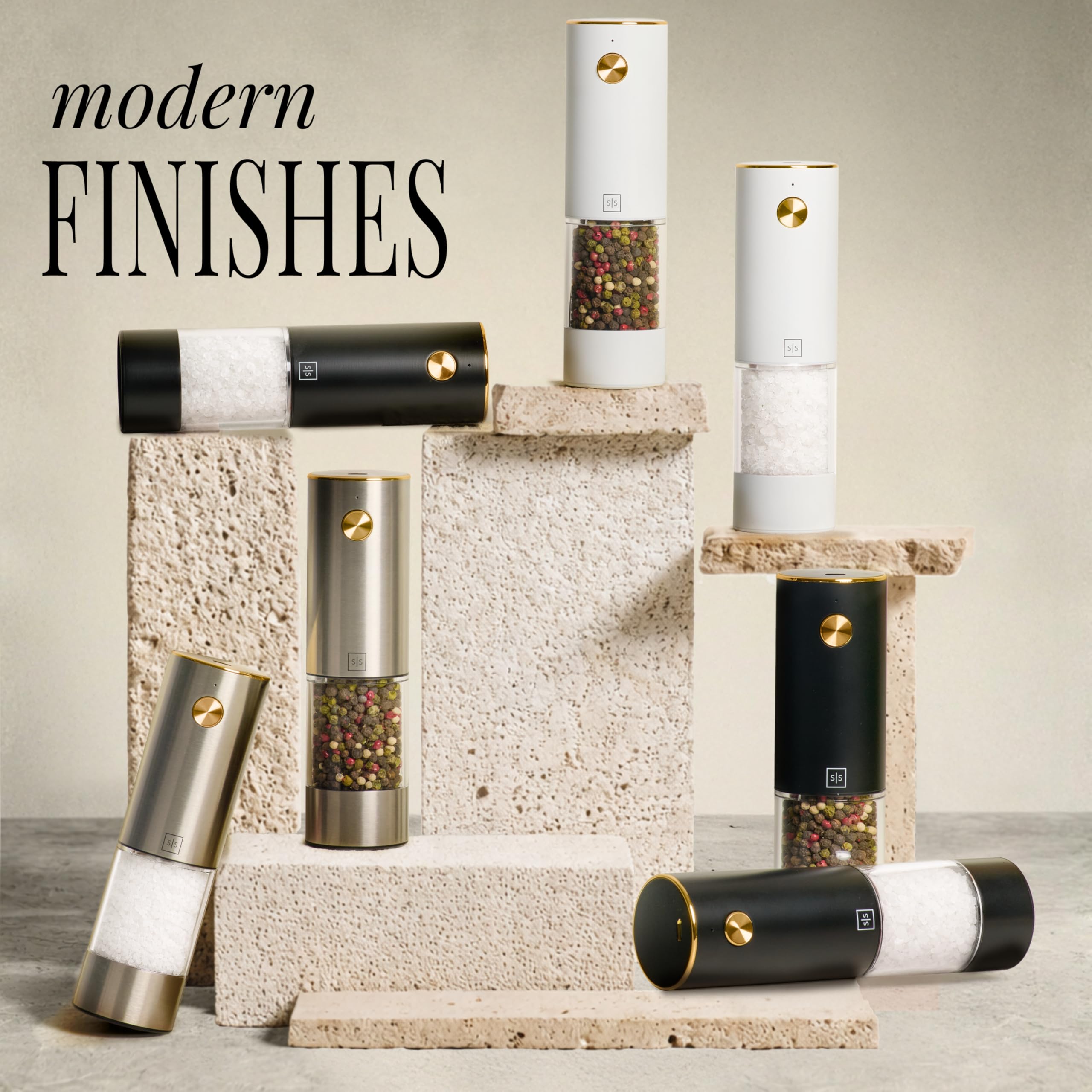 Styled Settings Rechargeable White Electric Salt and Pepper Grinder Set
