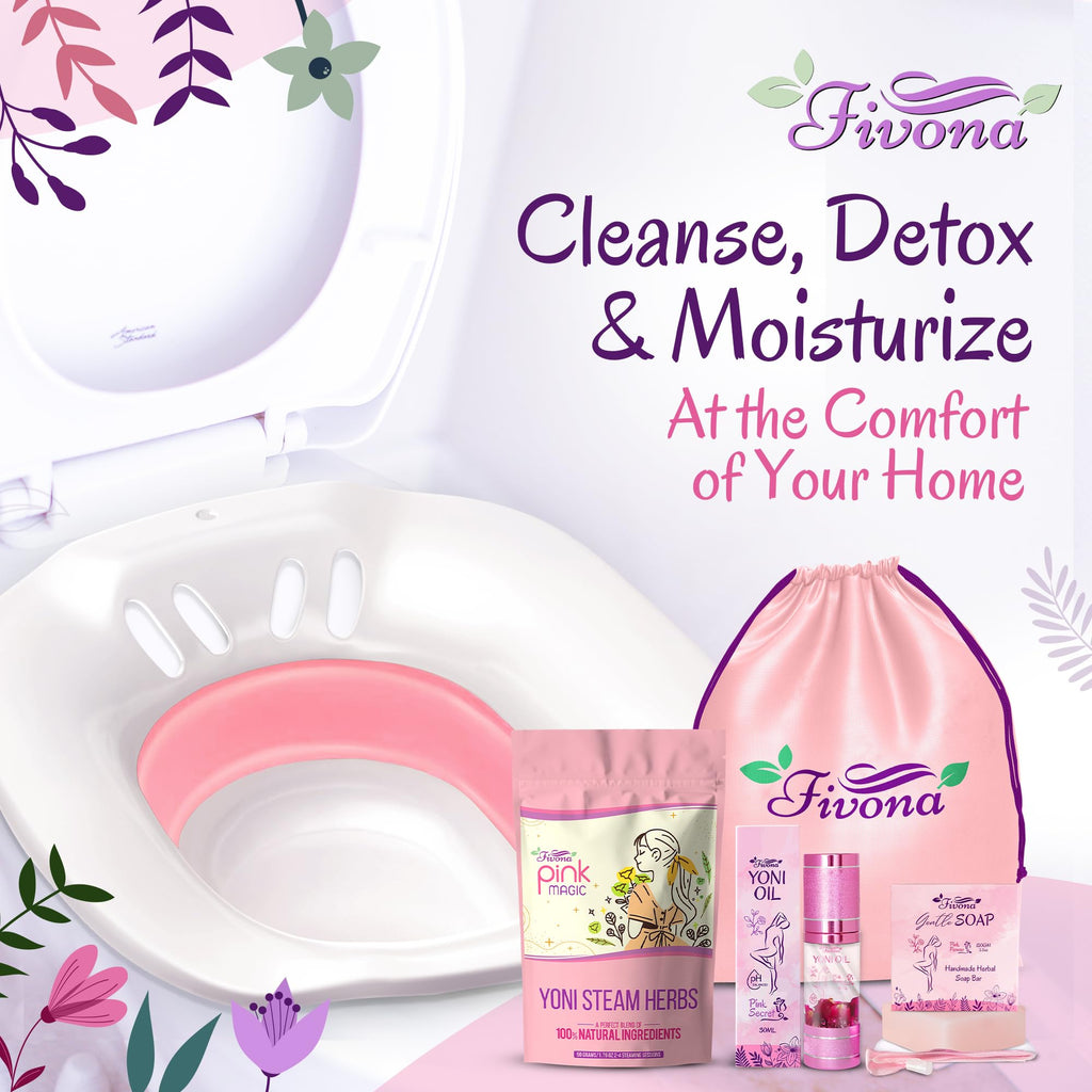 Fivona Yoni Care Kit 5-in-1 V-Steaming Set Includes Sitz Bath Seat, Pink Magic Herbs, Feminine Oil, Herbal Soap, Storage Bag, All Natural Herbal Vaginal Care Set