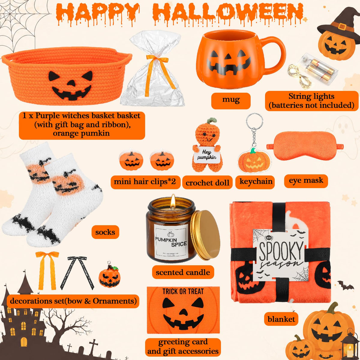 Pumpkin Patch Surprise - 14-Piece Woven Halloween Boo Gift Basket