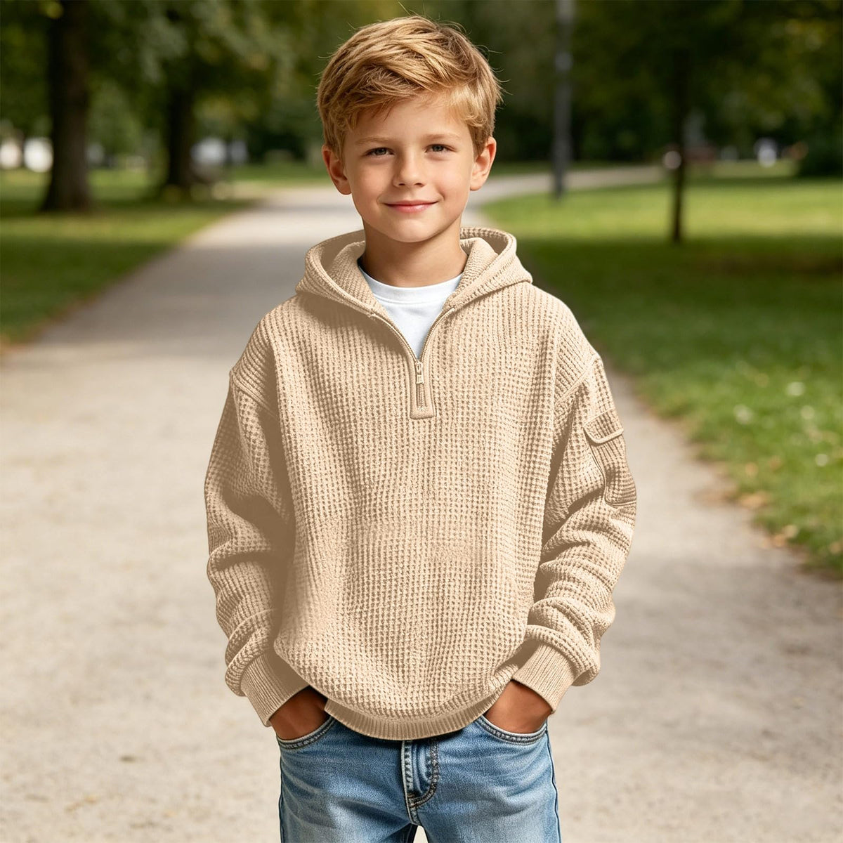 Sudadera con capucha de punto gofrado con cremallera corta para niño