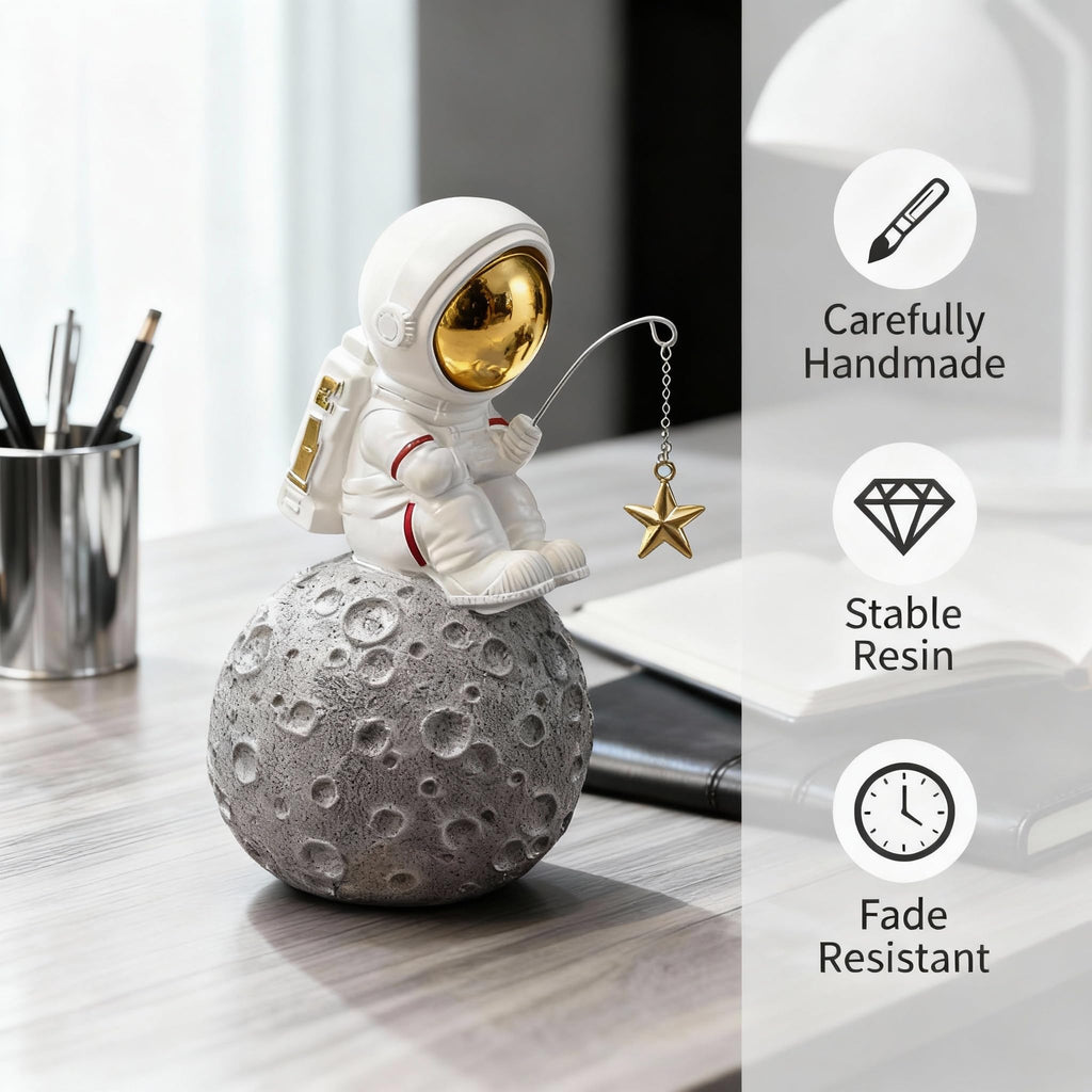 Room Decor- Astronaut Fishing Star on Moon Sculpture, Resin Space Figure for Modern Home/Office, Desk Decor for Men, Shelf Display, Unique Gift for Theme Enthusiasts and Collectors (Golden Star)