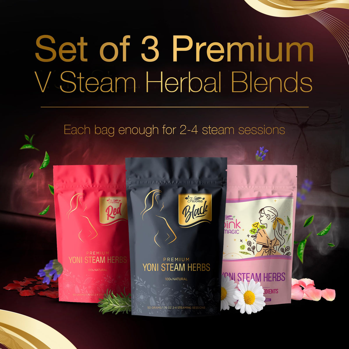 FIVONA Set of 3 Yoni Steaming Herbal Blends for V Steam - Natural Herbal Mix - 100% Pure Organic Blend – V Detox, Cleansing, PH Balance for Women - Revitalizing & Rejuvenating Care - 6 to 12 Sessions