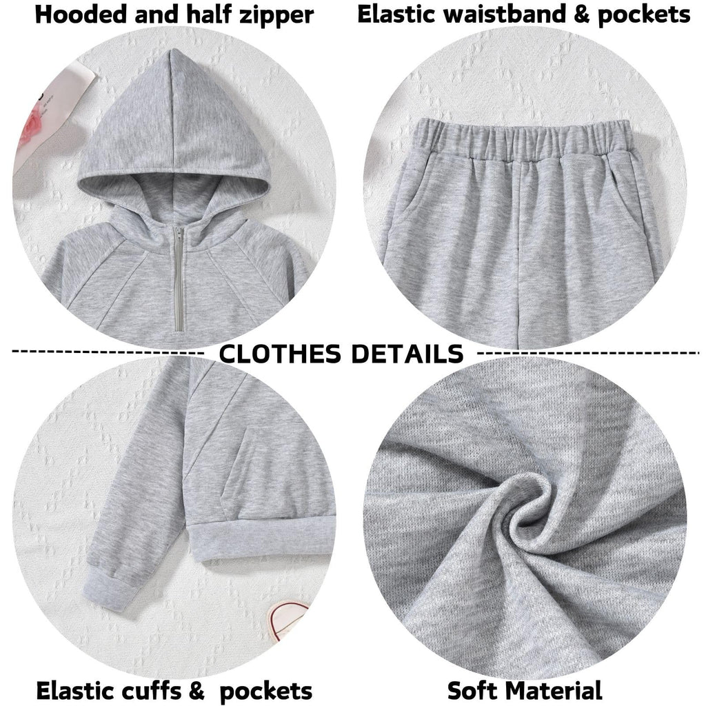 fioukiay Girls 2 Piece Outfits Size 8-9 Half Zipper Hoodies Sweatsuits Long Sleeve Athletic Sweatshirts and Sweatpants with Pockets Grey