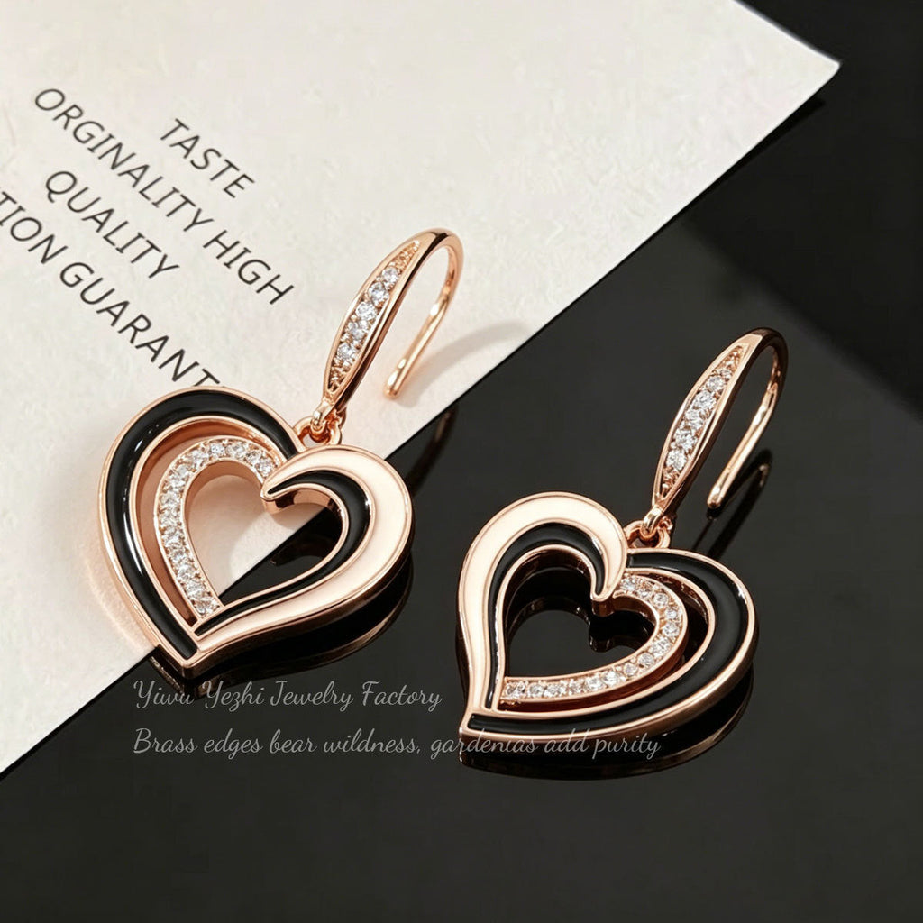18k Gold-plated European And American Fashion Hollow Heart-shaped Earrings With Zirconia, High-end Oil-drip Heart-shaped Earrings
