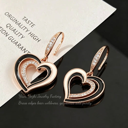 18k Gold-plated European And American Fashion Hollow Heart-shaped Earrings With Zirconia, High-end Oil-drip Heart-shaped Earrings