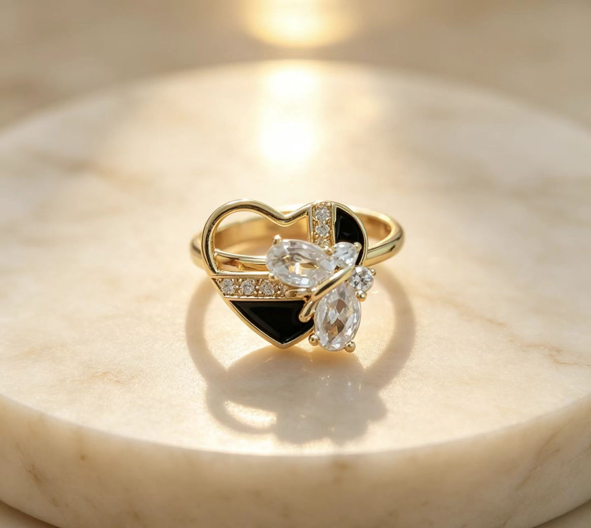 Golden Vintage Open Adjustable Ring With Black Enamel And Diamonds