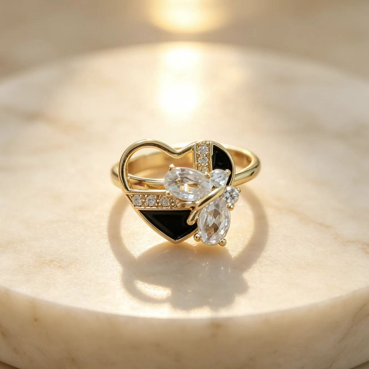 Golden Vintage Open Adjustable Ring With Black Enamel And Diamonds