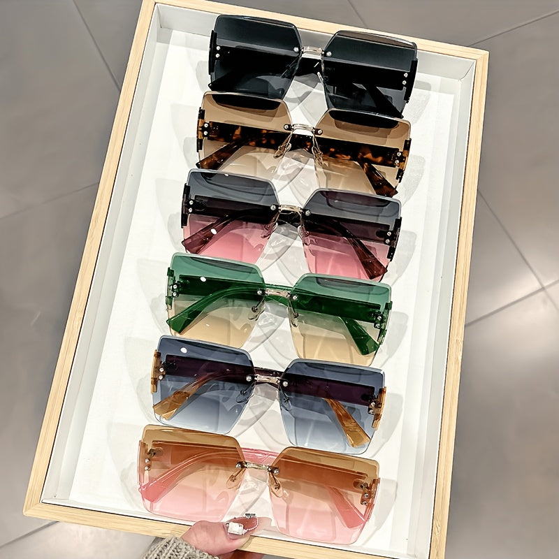 2 Pcs Rimless Square Sunglasses For Women Uv400 Protective Gradient Lens Eyewear Shiny Metal Hinge Detail Wide Temple Suitable For Beach Travel Parties And Daily Fashion Matching.