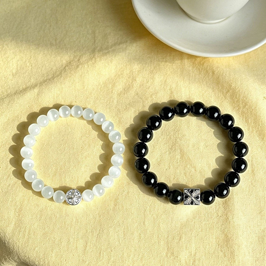Black Obsidian White Cat Eye Bead Couple Bracelet