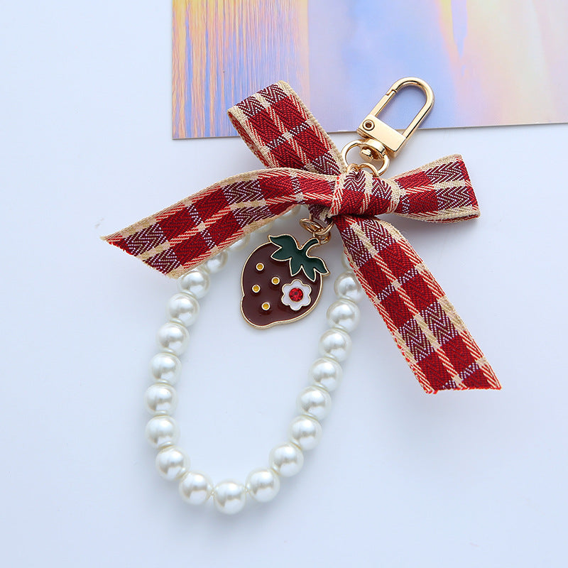 Woven Plaid Bow Strawberry Cherry Pearl Chain Keychain - Cute AirPods Case Pendant Bag Charm Accessory