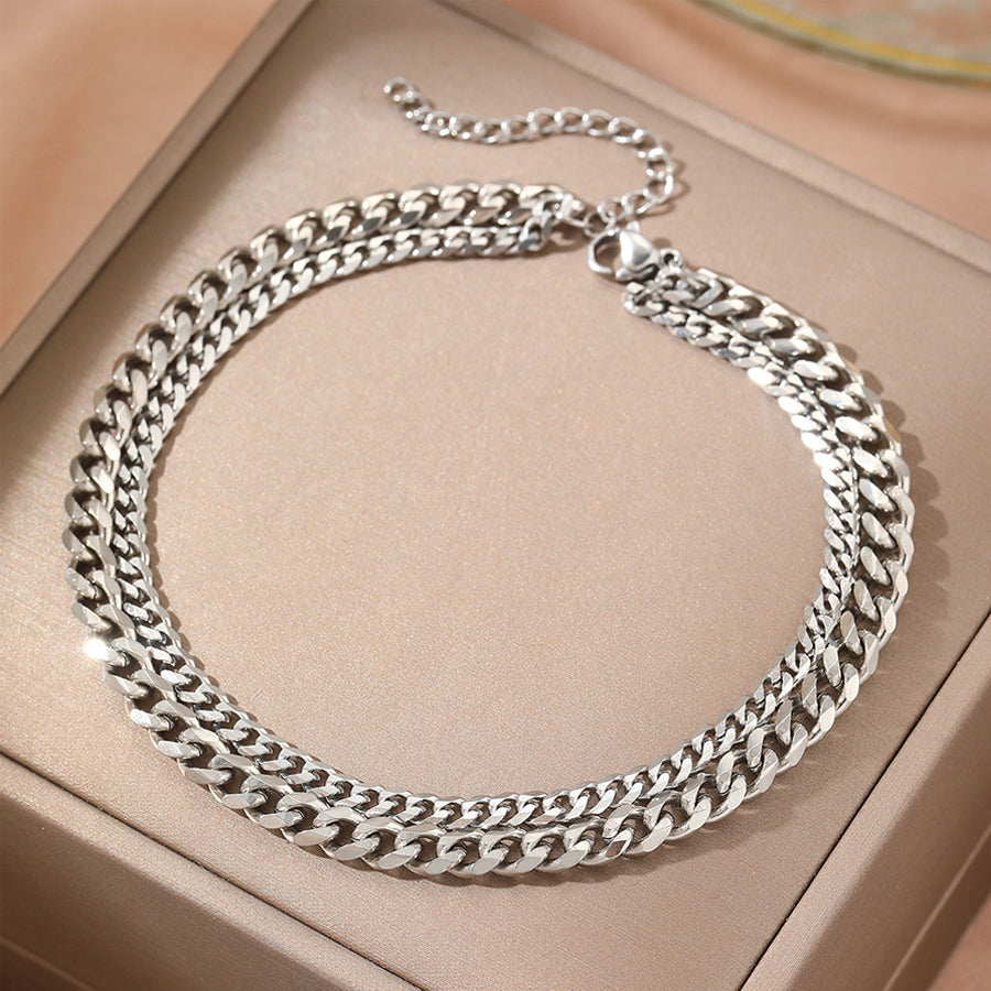 2Pcs Women Double Layer Cuban Chain Anklet Gold Silver Tone Stainless Steel Adjustable Curb Chain Ankle Bracelet Summer Beach Foot Jewelry Gift For Ladies