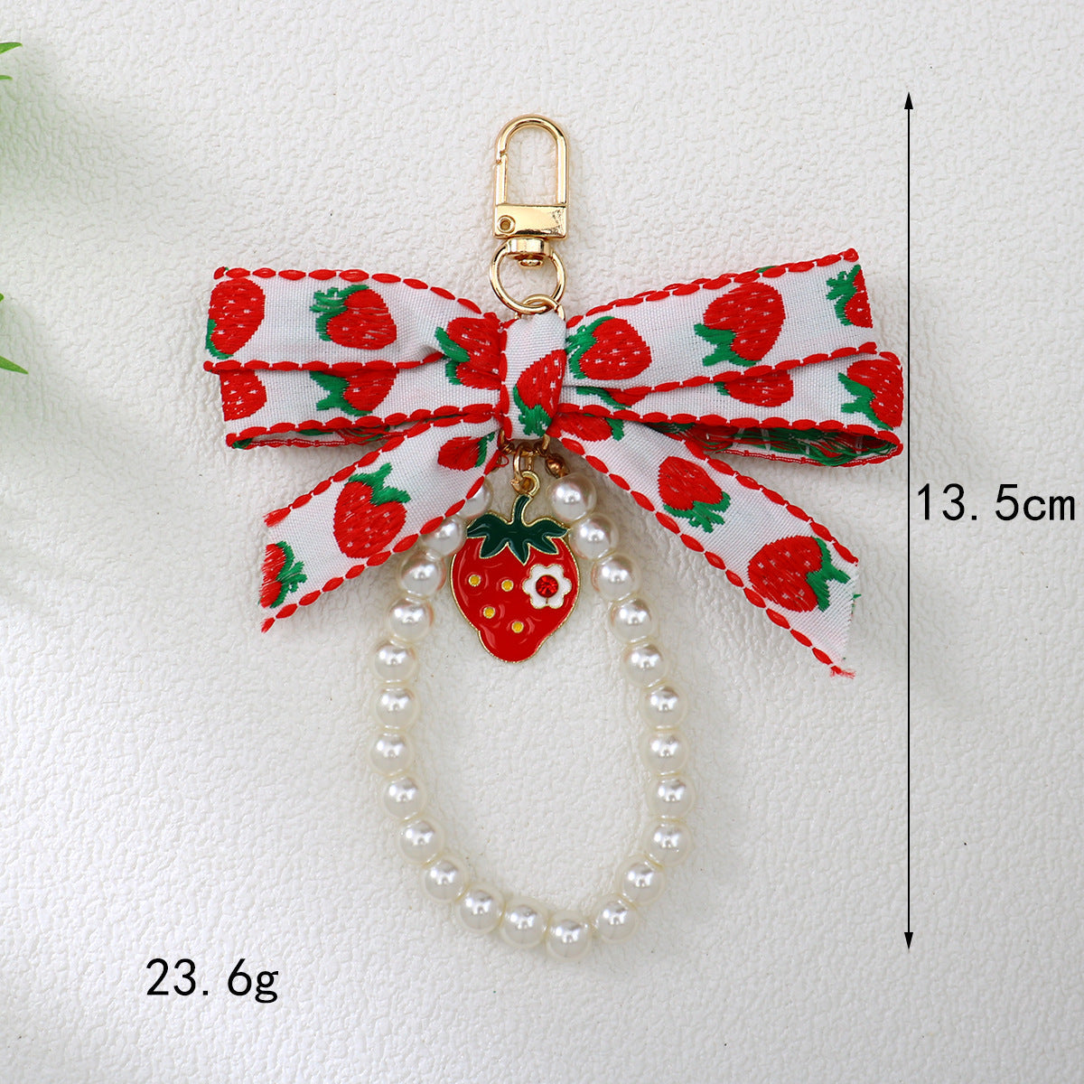 Woven Plaid Bow Strawberry Cherry Pearl Chain Keychain - Cute AirPods Case Pendant Bag Charm Accessory
