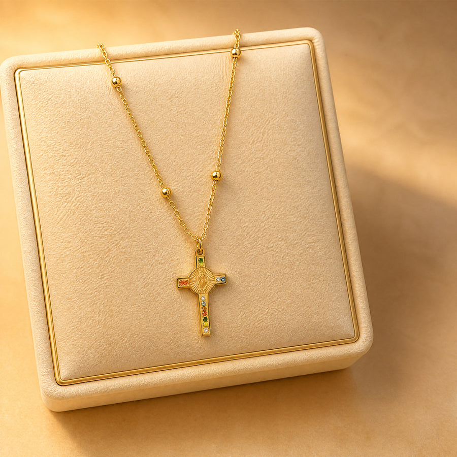 18K Gold Plated Stainless Steel Virgin Mary Cross Pendant Necklace For Women, Colorful Rhinestone Beaded Chain Religious Faith Necklace, Christian Jewelry Gift
