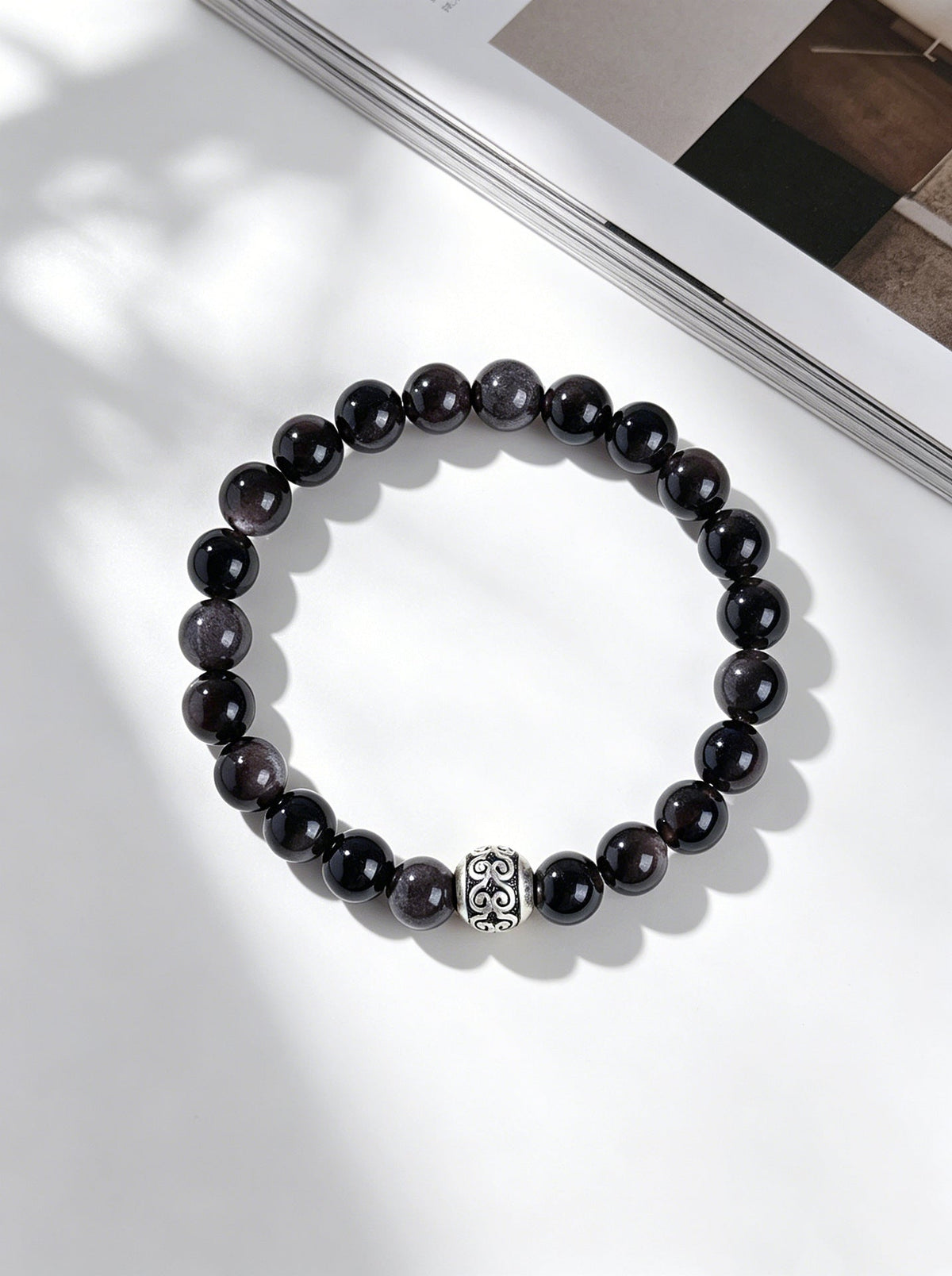 Natural Silver Sheen Obsidian Bead Couple Bracelet