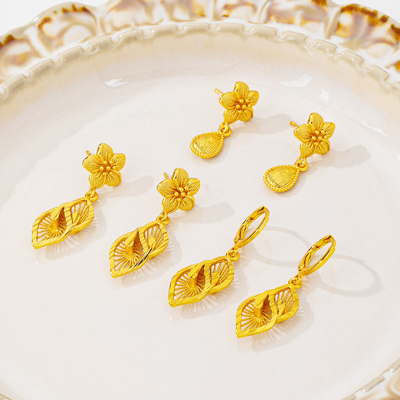 Vietnamese Sand Gold Copper Plated Filigree Flower Leaf Design Hoop Earrings