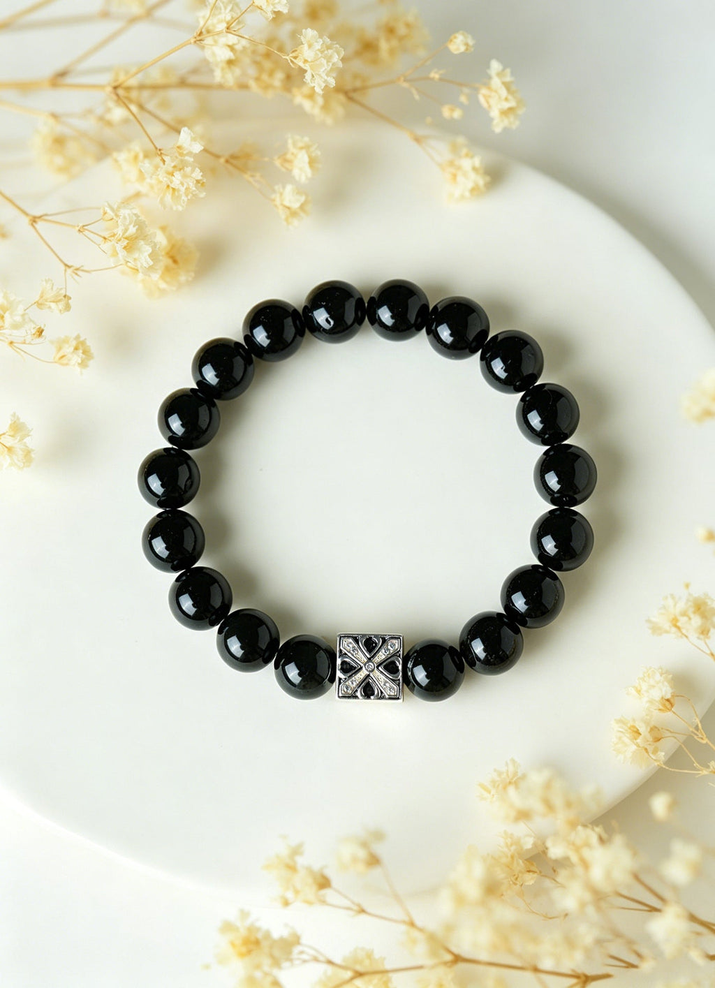 Black Obsidian White Cat Eye Bead Couple Bracelet