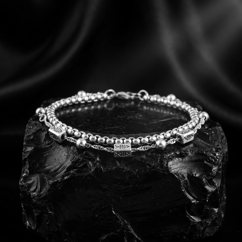 Fishbone Pattern Men Bracelet, Light Luxury High-End Double Layer Bangle For Women, Hip Hop Fashion Versatile Wrist Jewelry