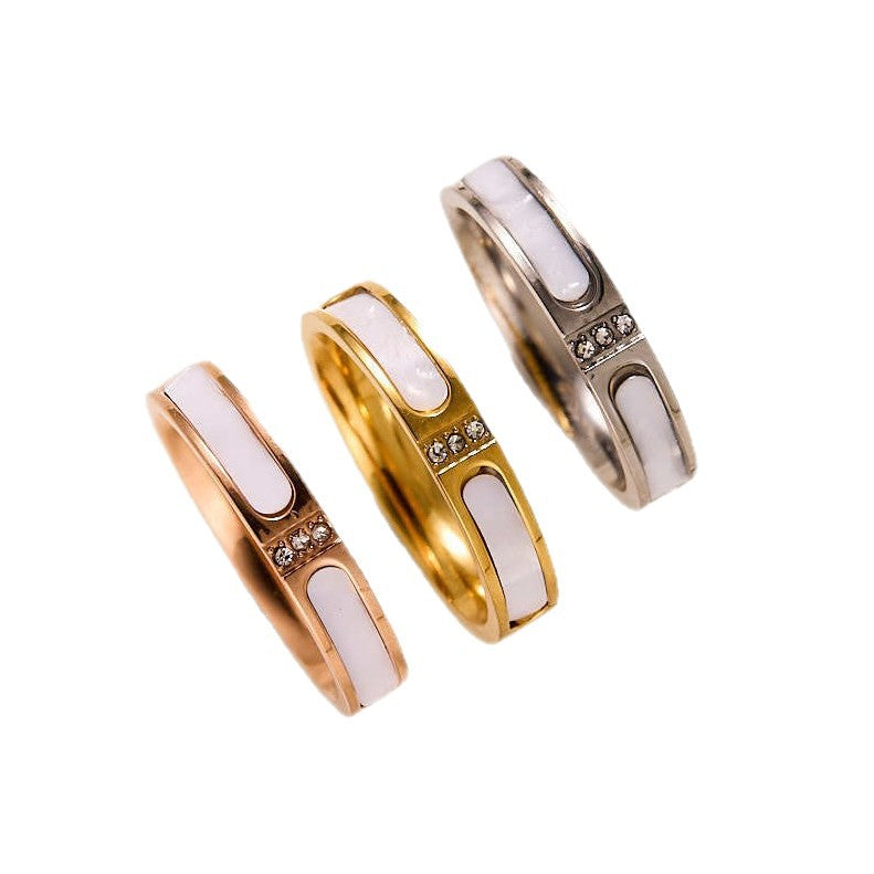 Fashionable Light Luxury Three-Diamond White Shell Titanium Steel Ring For Women, Niche Design With A High-End Feel, Non-Fading Mother-Of-Pearl Inlaid Diamond Index Finger Ring