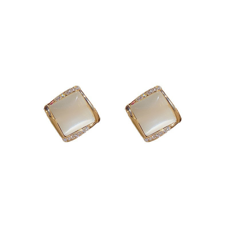 High-End Square Cat's Eye Stone Geometric Rhombus Earrings Korean Simple Micro-Embedded Earrings Internet Celebrity Hot Style Earrings