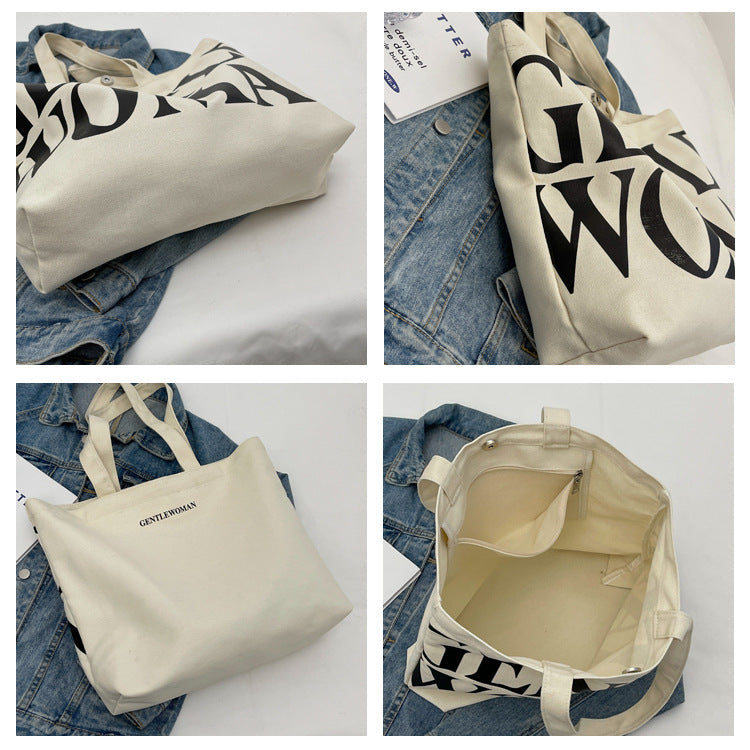 Large Capacity Canvas Bag Women Letter Printed Shoulder Travel Simple Handbags Travel Casual Daily Shopping Bags Totes