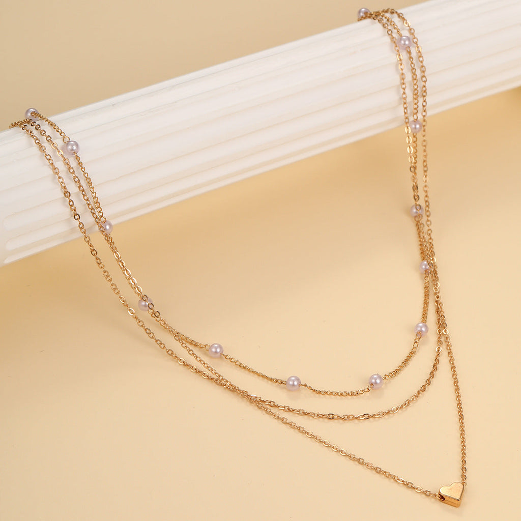 Retro Heart-Shaped Pearl Gold Necklace 3-Piece Set
