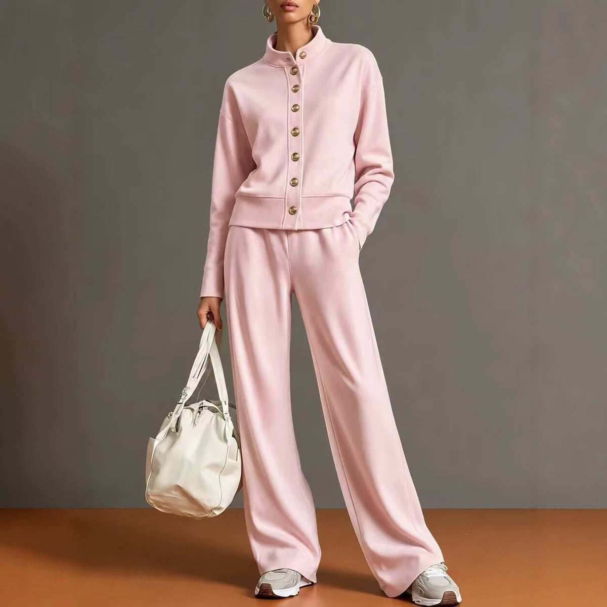 Women's Stand-Collar Button Cardigan & Wide-Leg Pants Set
