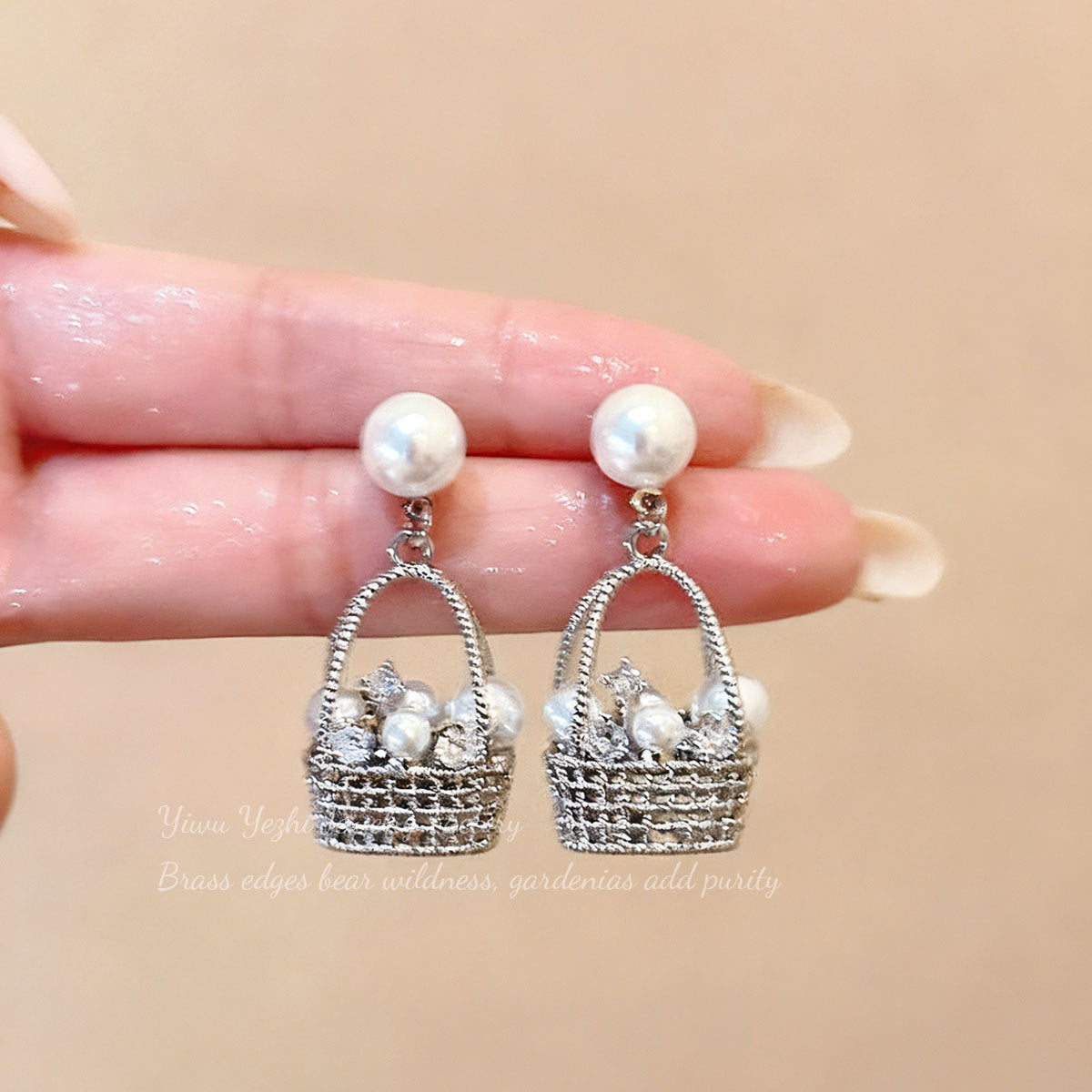 French-Style Pearl Hollow Woven Flower Basket Zircon Hoop Earrings With Copper Plated Real Gold, Exquisite Light Luxury Design Earrings For Women
