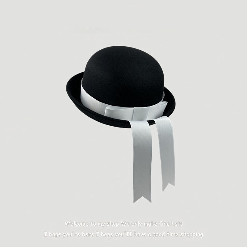 Woolen Preppy-style Hat With A Bow And Ribbon