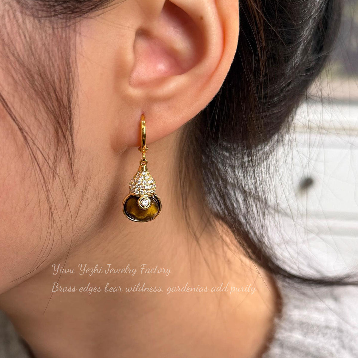 Korean Style Simple And Fashionable Tiger Eye Stone Gourd Earrings For Women, Gentle And Fairy-Like Temperament Earrings, Niche Design, High-End Earrings