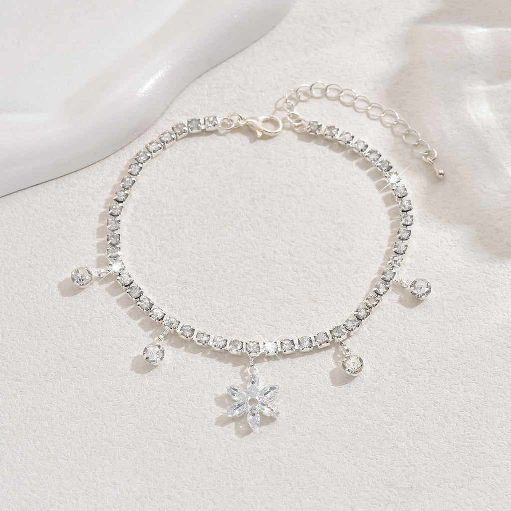 Korean New Style Sweet Crystal Zircon Flower Pendant Anklet Fashionable Beach Vacation Style Women's Silver Bracelet