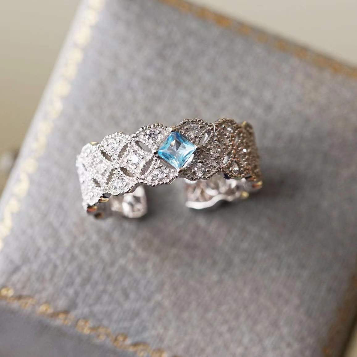 New Artificial Natural Blue Topaz Niche Open Wide Ring Women's Adjustable Retro Classic Lace Ring